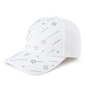 White baseball cap with rhinestone meteor patterns from a 45-degree side angle