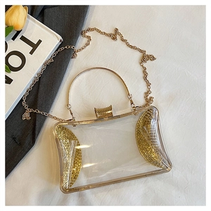 Top view of transparent acrylic evening bag with gold metal frame and ring handle
