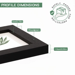 Detail showing 2cm width and 1.5cm thickness of the black woodgrain photo frame profile