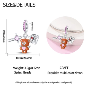 Detailed size chart of copper silver plated teddy bear and peace envelope charm beads