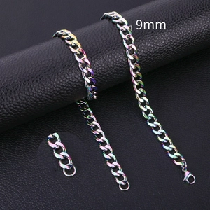 Detail of 9mm rainbow finish Cuban chain link necklace on black leather background