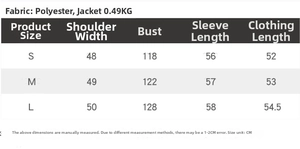 Detailed size chart for hooded bomber jacket and wide leg pants set with measurements