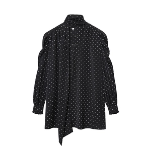 Abito Corto A Pois Maniche Lunghe Collo Sciarpa Da Annodare Volant Elegante Donna Poliestere Vestibilità Aderente