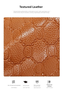 Detail shot of caramel leather backpack with classic embossed monogram texture
