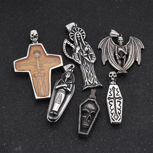 Gothic skull cross and mummy coffin pendants in dark metallic finish for men and women