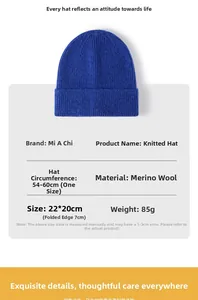 Detailed size specifications for blue sheep cashmere knit beanie with 7cm folded cuff