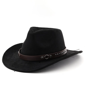 Classic black suede cowboy hat with brown studded leather band and upturned brim for unisex