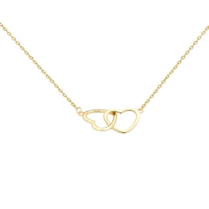 Minimalist gold double heart necklace with delicate link chain on white background
