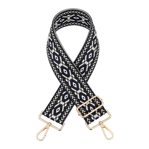 Adjustable navy and white geometric pattern handbag strap with gold metal hardware