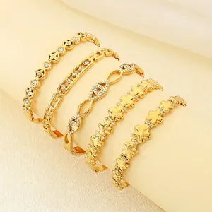 Edelstahl Armreif Armband 18K Vergoldet Zirkonia Böser Blick Kleeblatt Geometrisch Hohl Mode Schmuck Damen