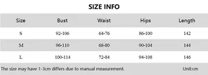 Detailed size information chart for backless halter contrast color bodycon maxi dress