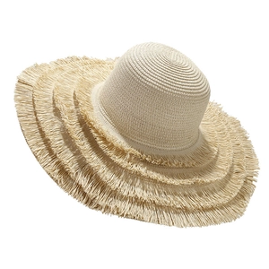 Off-white woven straw sun hat featuring a 15cm wide brim with layered fringe details