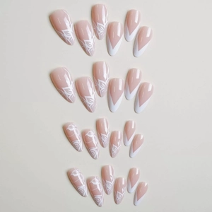 24pcs long almond press-on nails with white floral vine and French V-line patterns
