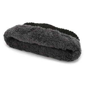 Winter men's warm knit beanie with thick grey faux fur lining and black ribbed exterior