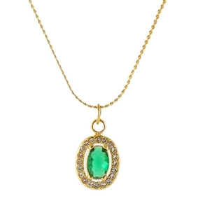 Elegant 18K gold-plated double-layer necklace with green oval zircon pendant on white background