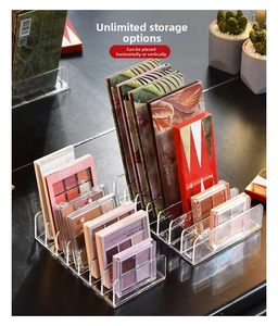 Acrylic makeup organizer showing multi-slot partitions for eye shadow palettes