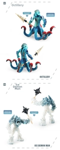 Detailed views of mythical monster action figures showing rotating arms and removable weapons
