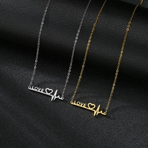 Heartbeat EKG Heart Pendant Necklace Stainless Steel LOVE Pulse Letter Minimalist Jewelry For Women