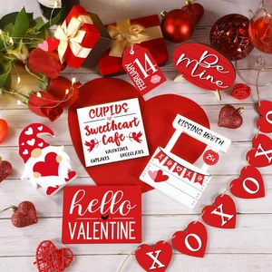 Detailed arrangement of 12-piece Valentine's Day wooden tiered tray decor on rustic surface
