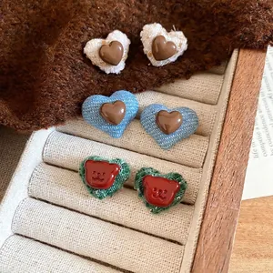 Heart Stud Earrings Tweed Denim Fabric Resin Sweet Vintage Jewelry With Silver Earring Post For Women