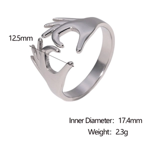 Detailed view of silver heart-shaped hug ring showing 17.4mm diameter and dimensions