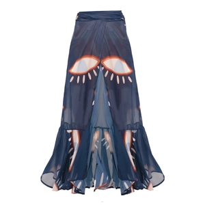 Blue sheer beach cover-up with evil eye print and ruffled hem detailing for summer