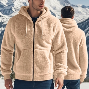Front and back view of beige fleece hooded jacket for men against a snowy mountain backdrop