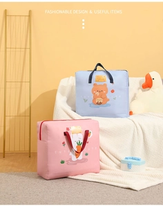 Detail of pink and blue oxford fabric storage bags with reinforced handles and zippers