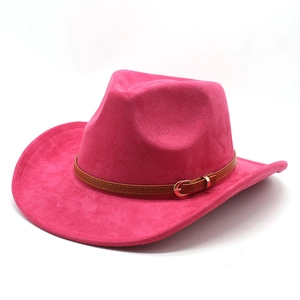 Detail of rose pink suede cowboy hat featuring a brown faux leather belt with gold buckle