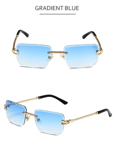 Detail of rimless rectangle sunglasses with gradient blue lenses and twisted metal arms