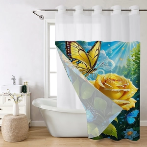 Detail view of artistic waffle shower curtain featuring yellow butterfly and rose print