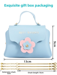 Sky blue PU leather gift bag with floral decor and three golden snake chain bracelets