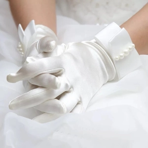 Elegant white short satin gloves with pearl beaded cuffs for weddings and formal events