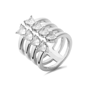 Macro shot of silver multi-layer hollow ring with heart-cut zircon stones and polished finish