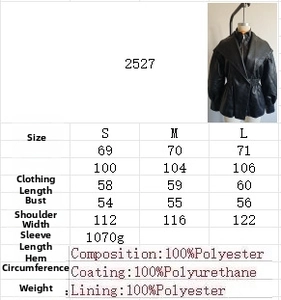 Size chart and fabric composition details for women lantern sleeve PU leather jacket