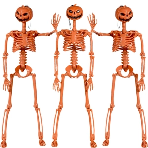 Three movable Halloween skeletons with orange pumpkin heads on a clean white background
