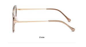 Side view of cat-eye glasses with gold metal temples and brown resin frames