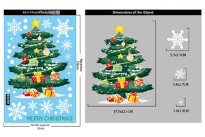 Detailed dimensions of Christmas tree window decals with snowflakes and Merry Christmas text