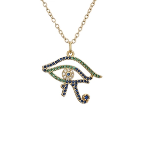 Gold Eye of Horus necklace with vibrant blue and green cubic zirconia pavé setting