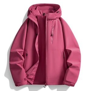 Waterproof hooded windbreaker jacket in deep magenta with functional zippers and adjustable cuffs