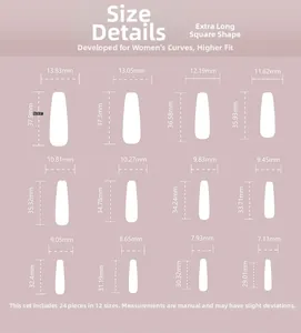 Size chart for 24pcs extra long square press-on nails with 12 precise width options
