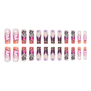 Tropical Hawaii press-on nails with sunset gradient, palm trees and floral patterns