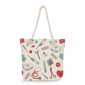 White canvas nurse tote bag featuring medical cartoon prints and rope handles