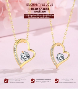 Detail of S925 sterling silver heart pendant necklace with micro-set diamonds and gold plating