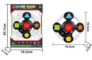 Detailed dimensions of memory game toy with colorful buttons and digital screen