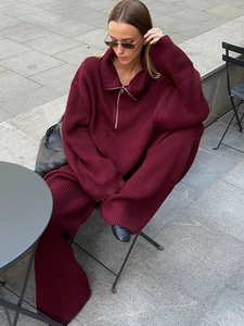 Chic burgundy knit set with half-zip sweater and wide-leg trousers for casual wear