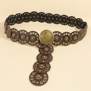 Vintage western punk leather belt with round metal discs and floral rivet studs