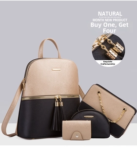 Detail of 4-piece backpack set featuring cross-grain leather and golden tassel charms