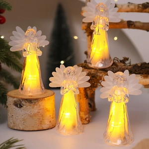 Set of 4 LED acrylic crystal angel ornaments with warm glowing lights for Christmas decor