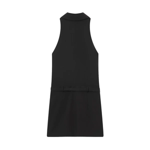 Sleeveless backless black halter mini dress with matching waist belt on white background